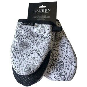 Ralph Lauren Medallion Mini Oven Mitts Neoprene Grips White Gray Black Set of 2
